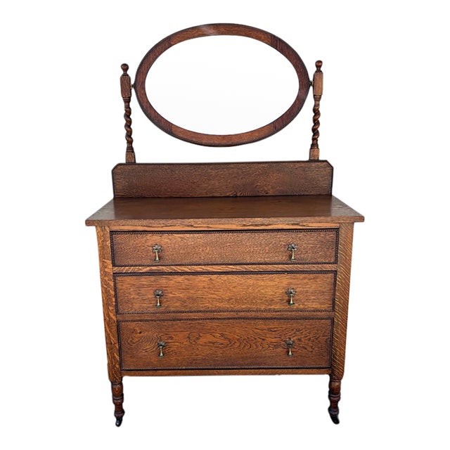 Antique Oak Barley Twist Vanity / 3-Drawer Dresser on Casters With Beveled Swivel Mirror For Sale