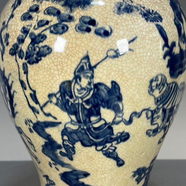 Chinese Chinese Blue & White Crackle Glaze Porcelain Vase With Figural Scene For Sale - Image 3 of 9