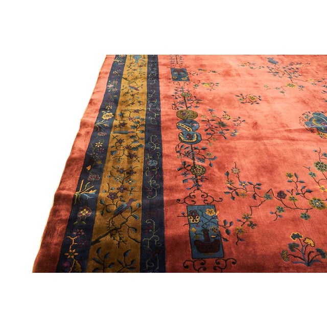 Textile 1920s Rich Red Big Size Floral Antique Wool Hand Knotted Art Deco Chinese Rug For Sale - Image 7 of 8