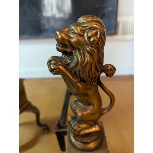 Gothic 20th Century Brass Lion Andirons - a Pair For Sale - Image 3 of 9
