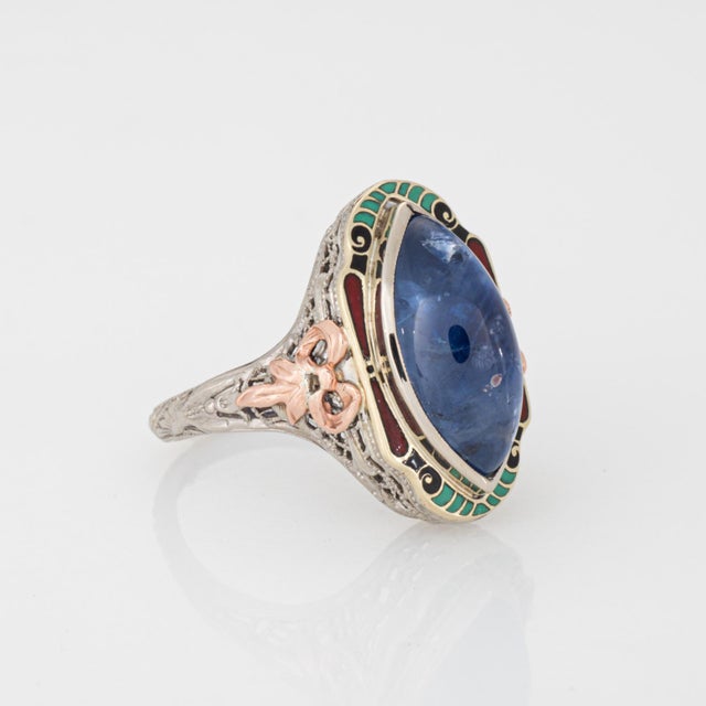 Art Deco Vintage Art Deco Ring Natural Ceylon Sapphire Enamel Cocktail 14k Gold Filigree, Size 5.25 For Sale - Image 3 of 7