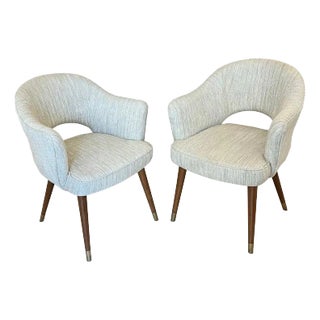 1970s Pair of Mid-Century Modern Upholstered Barrel Chairs With Teak Legs & Brass Feet For Sale