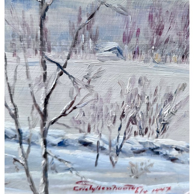 Scandinavian winter scene depicting snow on evergreen and bare birch trees creating a serene mood. Traditional wood cabins...