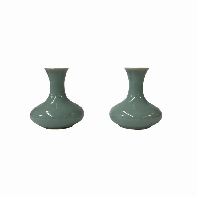 2 X Chinese Clay Ceramic Wu Celadon Green Small Vase Container For Sale - Image 4 of 4
