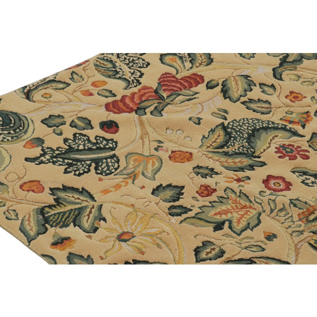 Rug & Kilim’s Tudor Style Rug in Cream With Teal Floral Patterns For Sale In New York - Image 6 of 7