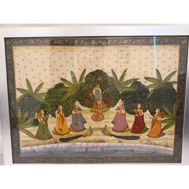 Indian Framed Traditional Indian Krishna With Gopis Garden Tapestry – Silk (Pichwai/Kishangarh Style Inspired) For Sale - Image 3 of 5