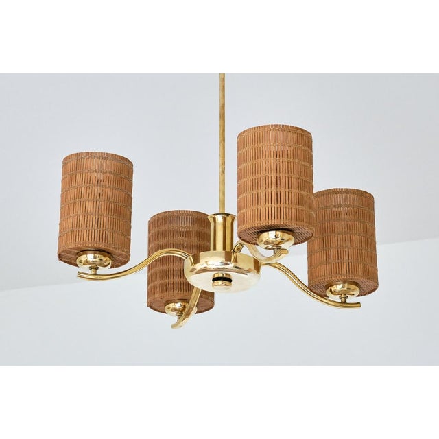 Wood Vintage Four-Arm Brass Chandelier by Paavo Tynell for Oy Taito Ab, 1930s For Sale - Image 7 of 13