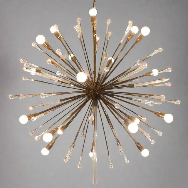 A 20 light Modernist Sputnik chandelier. Patinated brass with brass rods extending out from the center in all directions....