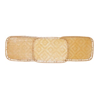 Set of 3 Vintage Boho Woven Rattan and Bamboo Tiki Trays For Sale