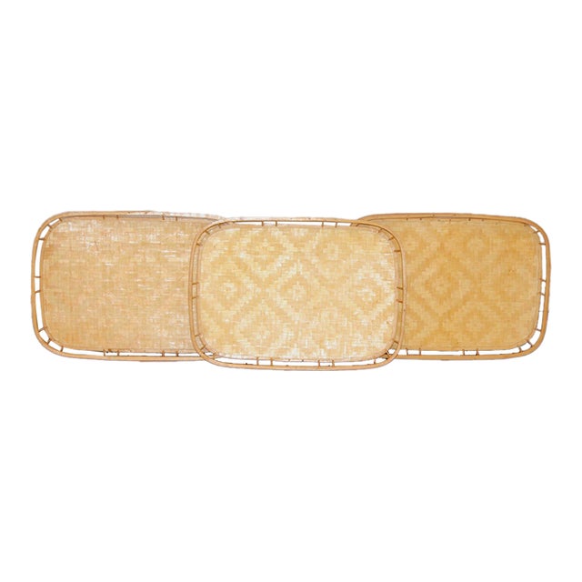 Set of 3 Vintage Boho Woven Rattan and Bamboo Tiki Trays For Sale