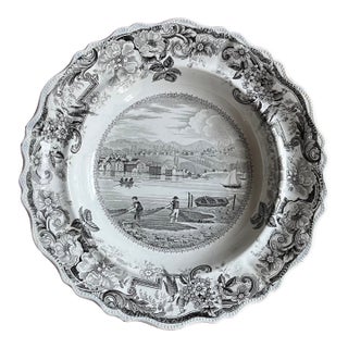 Antique 19th Century English Staffordshire Clews Historical Brown Transferware Soup Plate Picturesque Views Hudson, New York & Hudson River For Sale