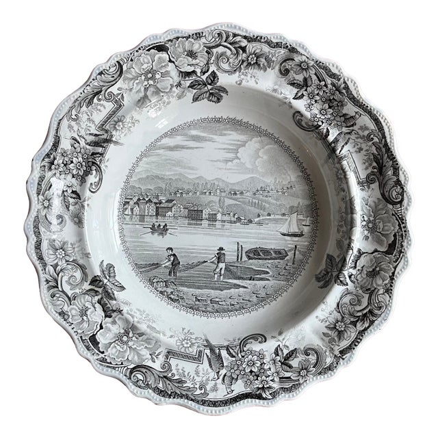 Antique 19th Century English Staffordshire Clews Historical Brown Transferware Soup Plate Picturesque Views Hudson, New York & Hudson River For Sale
