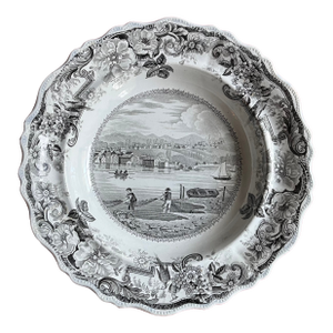 Antique 19th Century English Staffordshire Clews Historical Brown Transferware Soup Plate Picturesque Views Hudson, New York & Hudson River