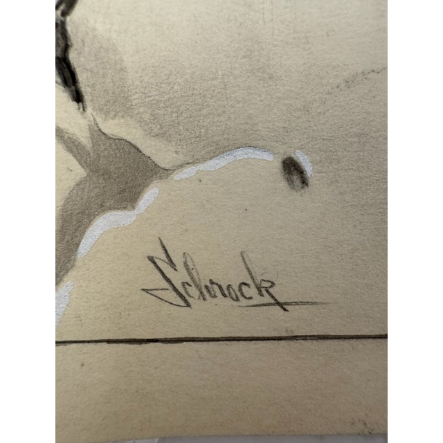 1940s 1940s Original Signed Graphite Illustration of Hound Dog and Skunk Winter Scene, 12 × 9.5 In. For Sale - Image 5 of 6