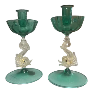 A Pair of Mid 20th Century Green and Gold Hand Blown Venetian Murano Glass Dolphin Candlesticks