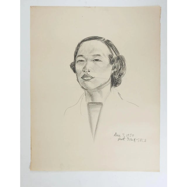 Vintage 1950 charcoal on paper portrait drawing of woman by Geneva Flores Hart (1906-2008) Texas. Signed and dated lower...