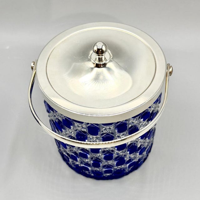 Mid-Century Modern Cobalt Blue Overlay Cut Crystal Biscuit Barrel with Silver-Plated Mount, 1950s For Sale - Image 14 of 18