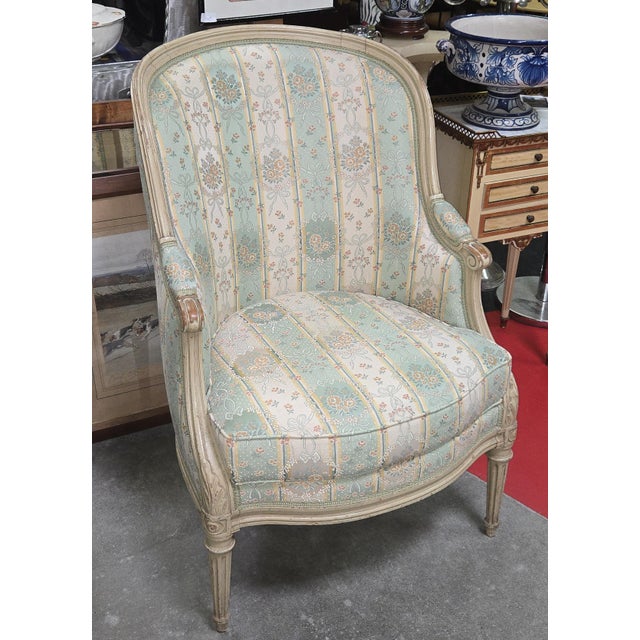 Mid-Century Louis XVI Style Lacquered Bergère Chair with Floral Fabric, 1950s For Sale - Image 3 of 6