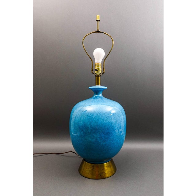 Mid Century Modern 1960s Large Blue Turquoise Glazed Ceramic Pottery Table Lamp. Measures Approximately 11" Diameter, 31"...