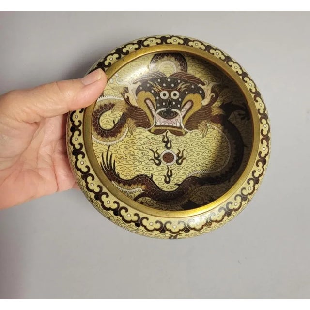 Chinese Circa-1900 Yellow Cloisonne Dragon Bowl, Chinese, Late Qing Dynasty For Sale - Image 3 of 12