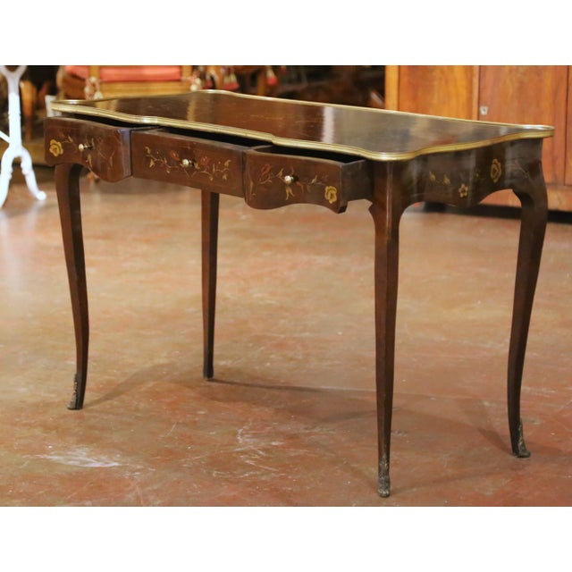 Mid-Century Louis XV Floral Marquetry Mahogany Writing Table With Brass Accents For Sale - Image 4 of 13