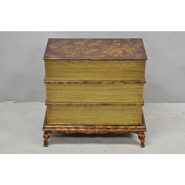 Late 20th Century Decorator 3 Drawer Stacked Faux Book Form Italian Side Table W/ Oil Drop Finish For Sale - Image 5 of 13
