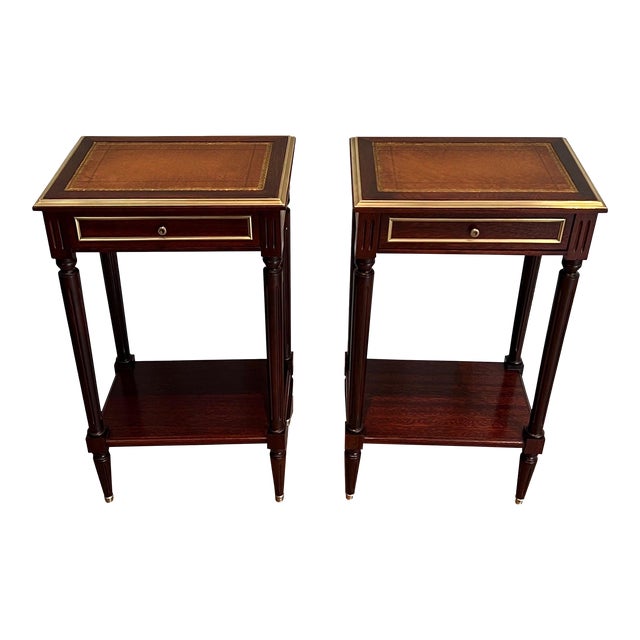 1940s mahogany & brass side tables with leather tops in Maison Jansen Style - a Pair For Sale