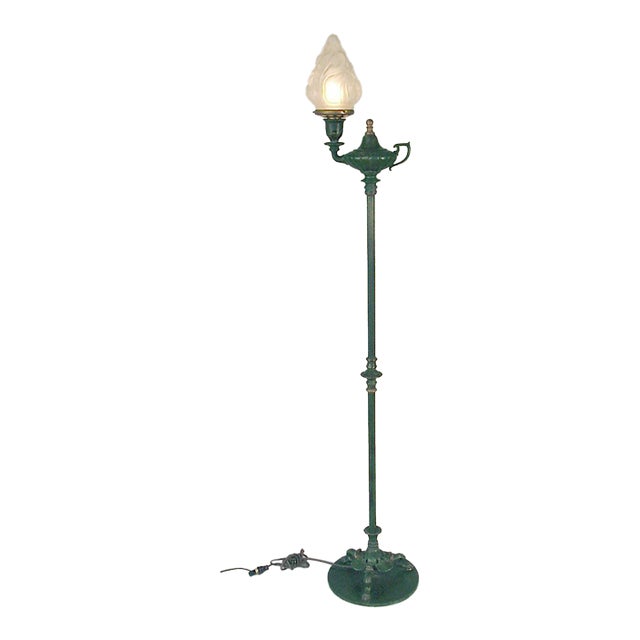 1910s Bradley & Hubbard (B&h) Aladdin Floor Lamp With Glass Flame Shade For Sale