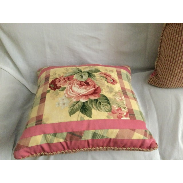 French Country Floral and Plaid Feather Filled Pillows- a Pair For Sale - Image 3 of 12