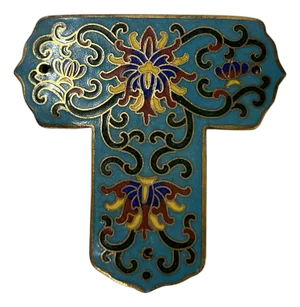 Set of 2 Turquoise Enamel Cloisonne T Shape Metal Decor Plaque Art