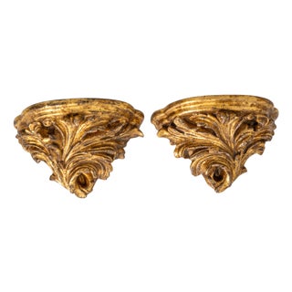1920s Baroque Revival Water Gilt Wall Brackets, Carved Wood, Pair For Sale