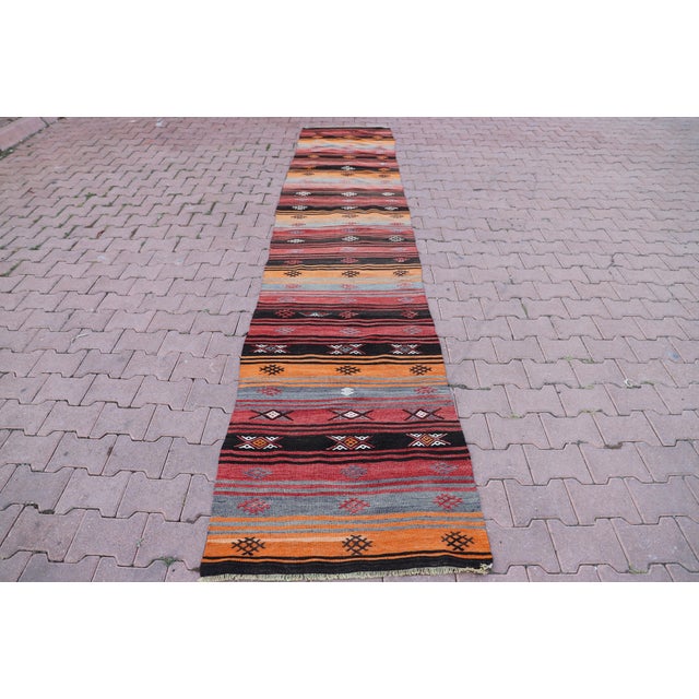 1970s Rustic Style Hand Knotted Stripe Design Oushak Kilim Runner Rug For Sale - Image 9 of 9