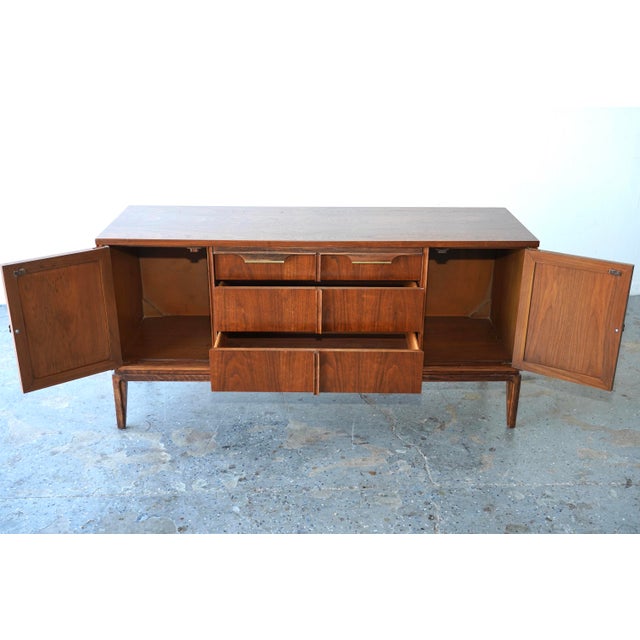1960s Mid Century Modern Walnut Cane Front Media Console Credenza by