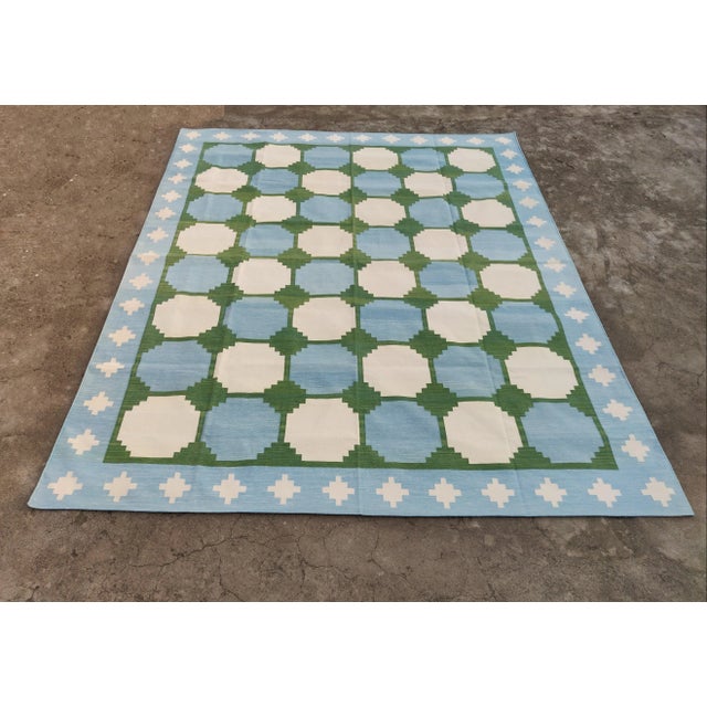 Handmade Cotton Flat Weave Reversible Box Pattern Sky Blue and Forest Green Area Rug - 9'x12' For Sale - Image 9 of 11