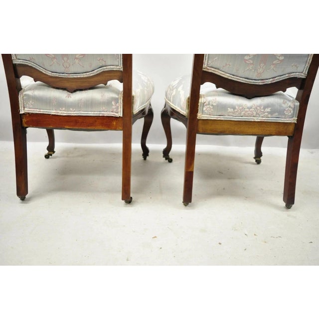 Blue Early 20th Century Victorian Floral Scrollwork Carved Mahogany Parlor Slipper Side Chairs - A Pair For Sale - Image 8 of 11