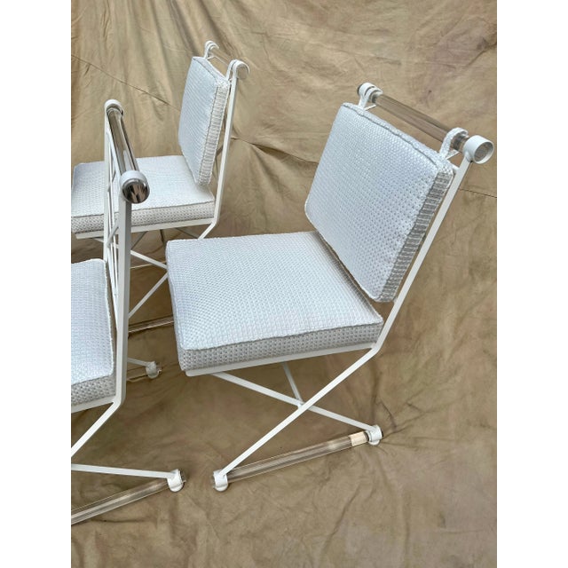 Metal Mid 20th Century Attributed to Cleo Baldon X-Form Chairs Restored with Acrylic Dowels and Sunbrella Upholstery - Set of 4 For Sale - Image 7 of 13