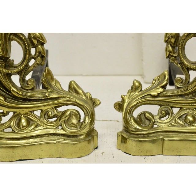 Metal 19th Century French Rococo-Style Brass Andirons, Pair For Sale - Image 7 of 9