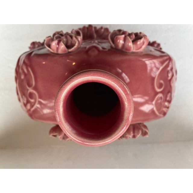 Ceramic Chinese Porcelain Vase Hand Sculpted Pink Flowers For Sale - Image 7 of 10