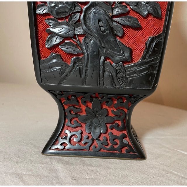 Antique Handmade Chinese Carved Black Red Lacquer Cinnabar Floral Vase Urn For Sale - Image 11 of 13