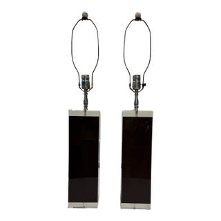 Vintage 1970s George Bullio Smoked Acrylic and Lucite Block Table Lamps - A Pair For Sale