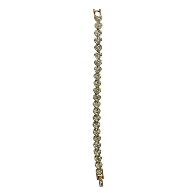 Vintage Gold Tone Pave Rhinestone Heart Tennis Bracelet For Sale