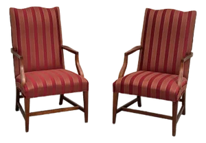 Late 20th Century Pair of Ethan Allen Mahogany Armchairs With Striped Upholstery