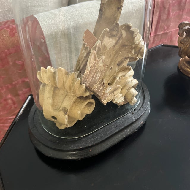 Neoclassical Antique English Glass Oval Dome Cloche With Antique Painted Wood Neoclassical Architectural Fragments For Sale - Image 3 of 6