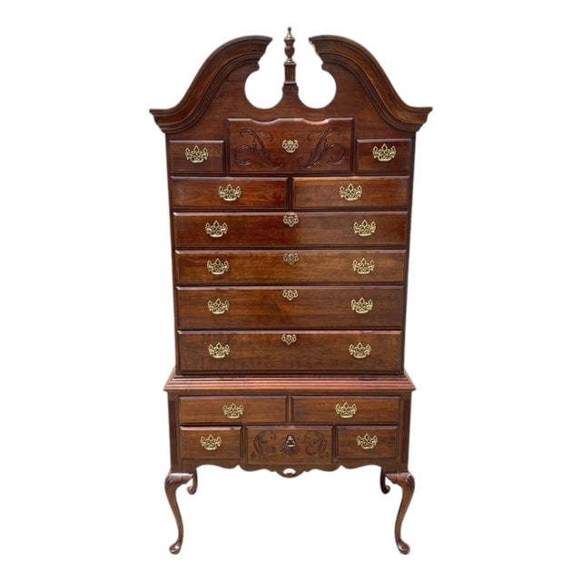 Vintage Thomasville Queen Anne Style Cherry Wood Highboy Tall Chest Dresser For Sale