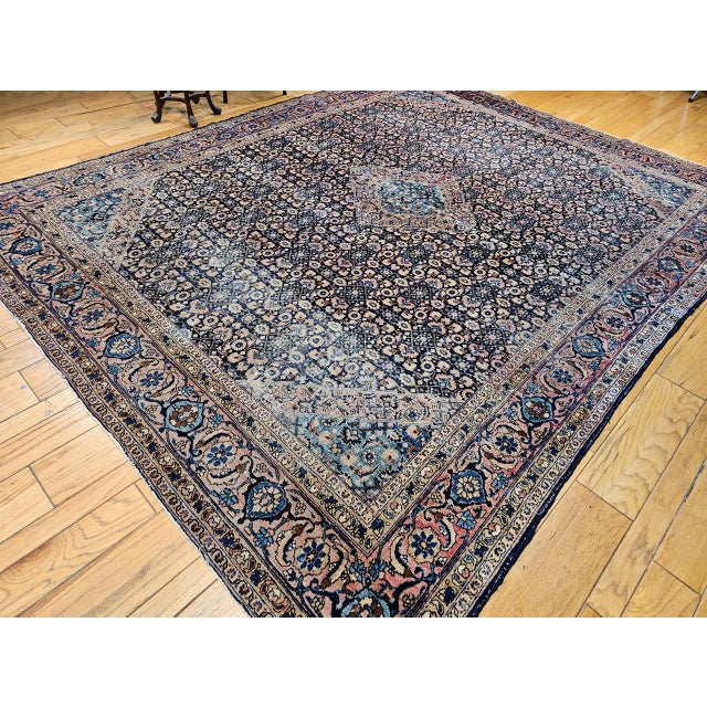 Persian Antique Persian Tabriz Mahi Rug, Hand-Knotted Wool, Herati Geometric Pattern, Navy & Pale Red, 9x12 For Sale - Image 3 of 15