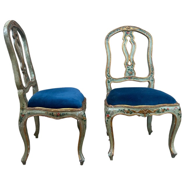 Wood 19th-C. Italian / Venetian Celadon Floral Painted Side Chairs in Blue Velvet- Pair For Sale - Image 7 of 10