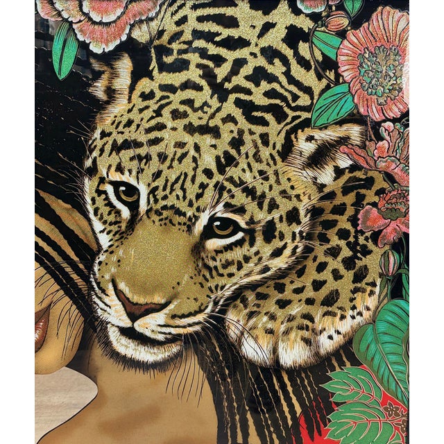 1980s Vintage 53" Ethnic Women & Jaguar Painted Mirrored Wall Art For Sale - Image 5 of 10