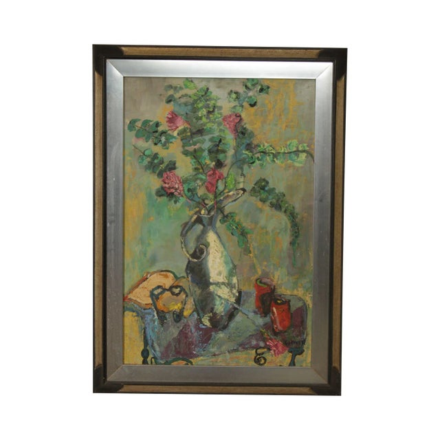 Acrylic Still Life Painting Flowers in Pitcher Signed "E" For Sale - Image 13 of 13