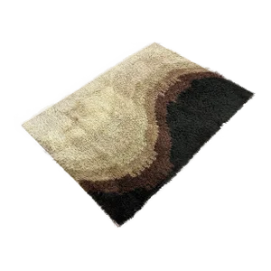 1970’s Mid Century Scandinavian Modern Wool Abstract Rya Rug in Black, Brown, Tan and Cream