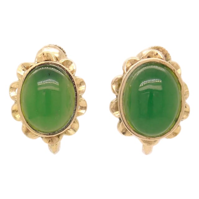 Pair of Vintage 14k Gold & Jade Cabochon Floral Screwback Earrings For Sale